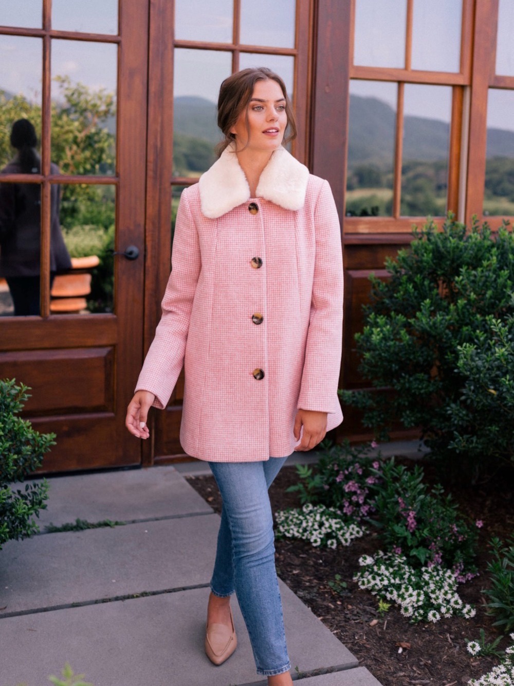 Gal Meets Glam Eloise Pink Coat with Cream Faux-Fur, Size Small, Houndstooth - Picture 2 of 11